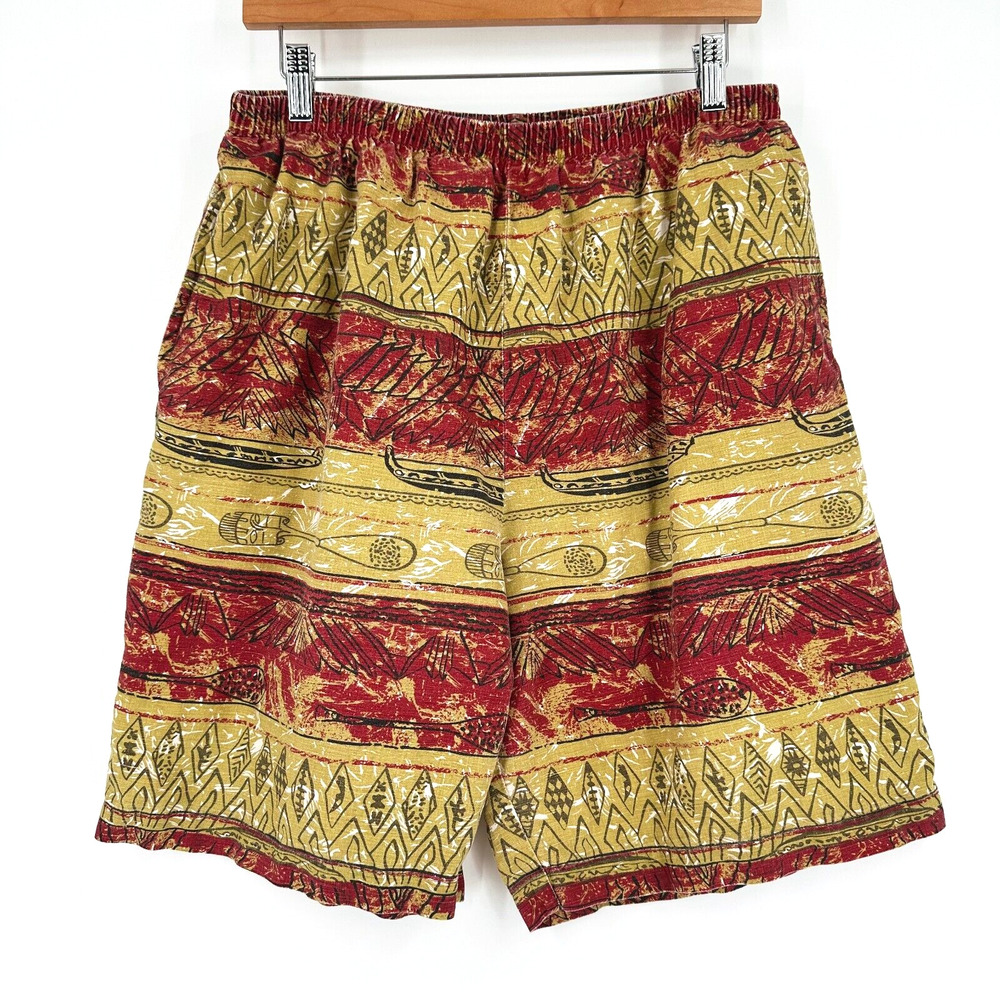 VTG 90s Eddie Bauer Batik Tiki Print Shorts Medium Linen Blend Resort Vacation